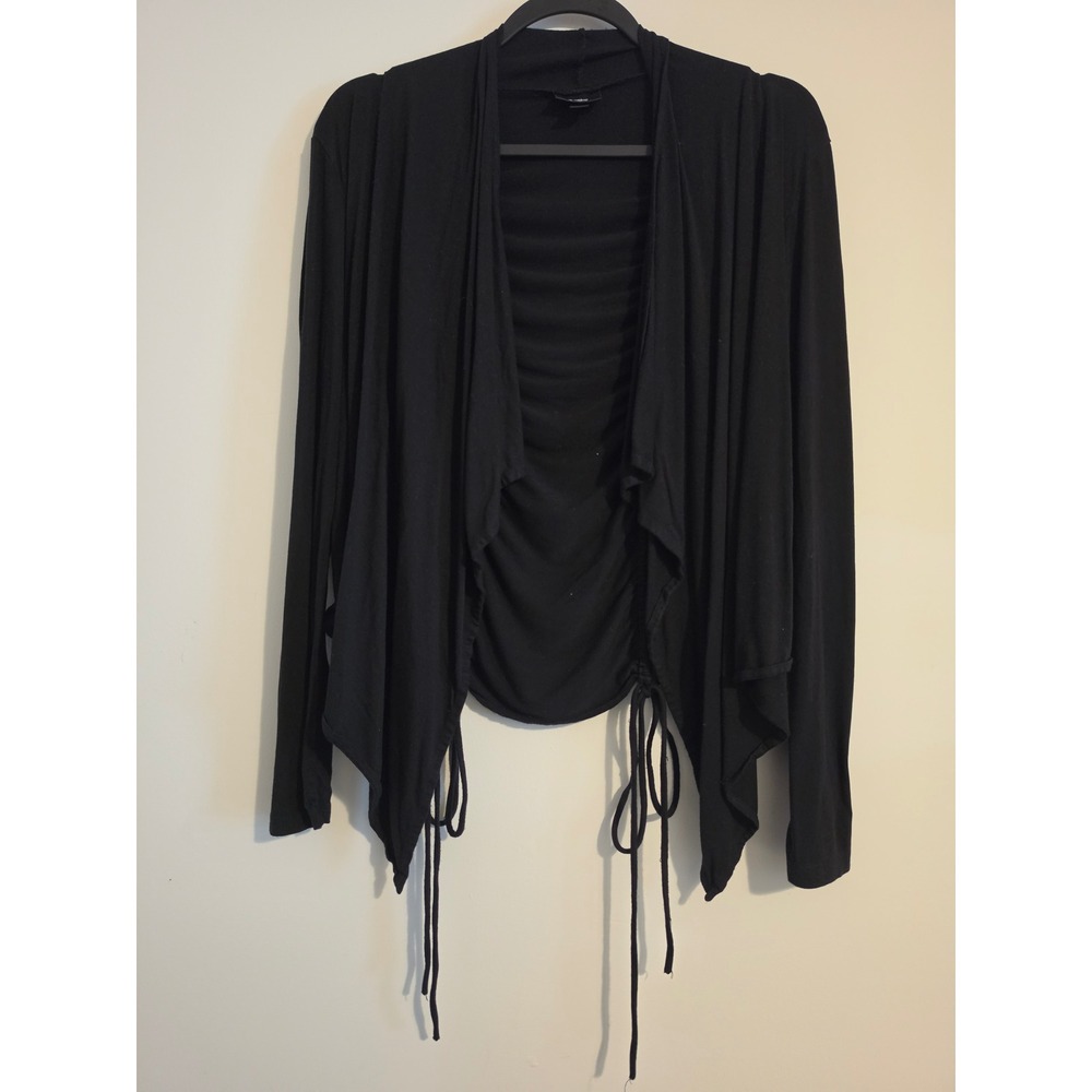 Mossimo Cardigan Women Large Black Rayon Open Front Ruched Back Draped Chic L